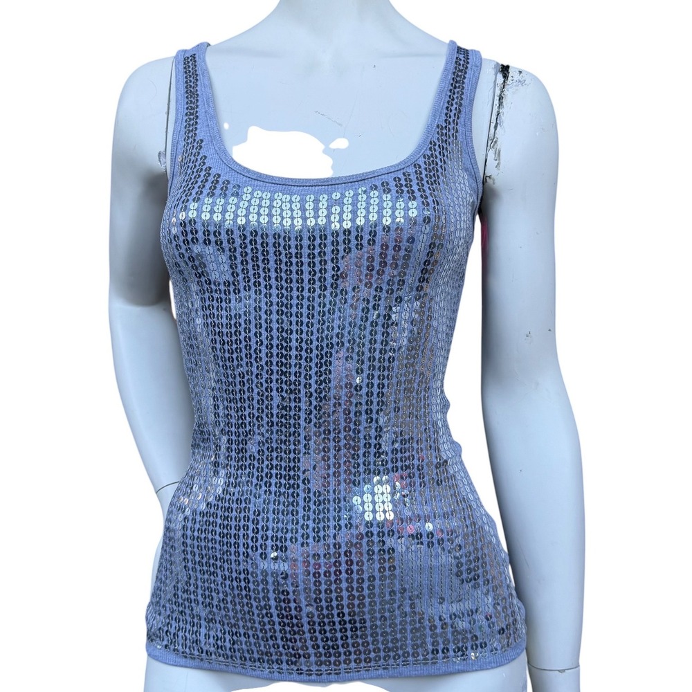 XXS Sequin Ribbed Tank Top Blue Silver‎ Y2K McBling Party Festival Small